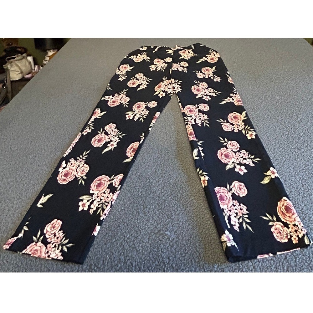 LuLaRoe Wide Leg Pants Women XS Black Pink Floral Rose Print Elastic Waist